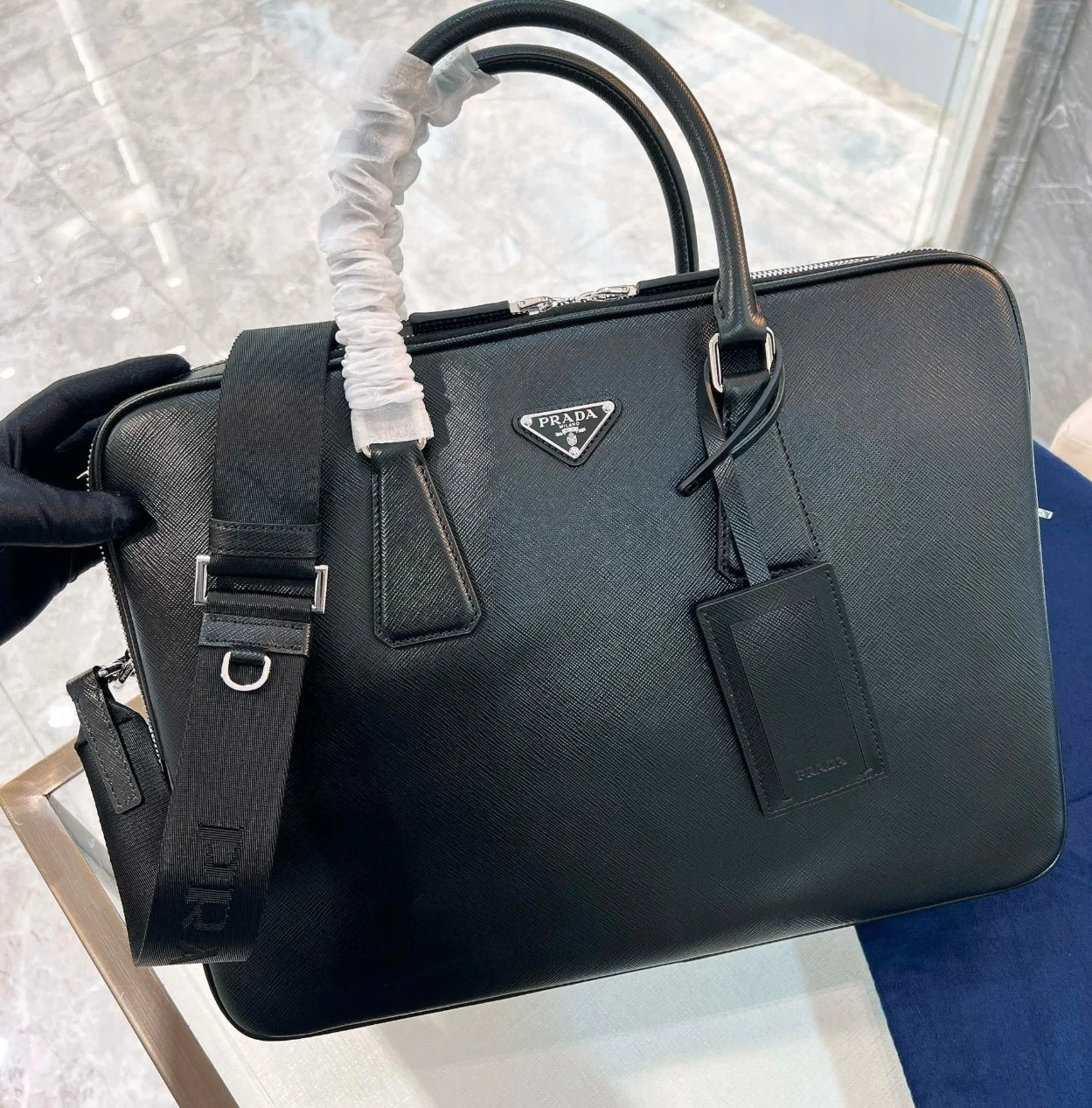 Prada Briefcase with Two Compartments in Black Saffiano Leather product view 9