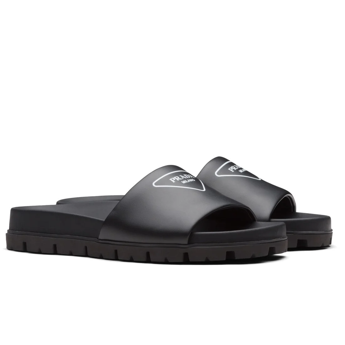 Prada Black Leather Slides with Printed Triangle Logo product view 1
