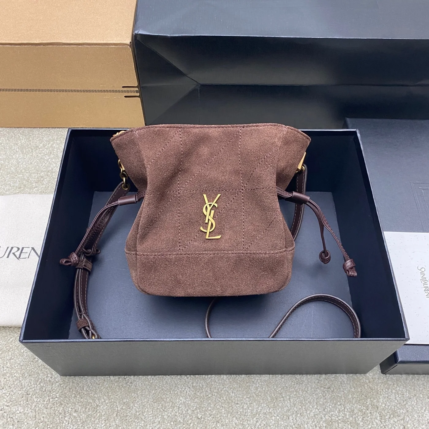 Saint Laurent Jamie Mini Shoulder Pouch — Dark Brown Suede product view 1