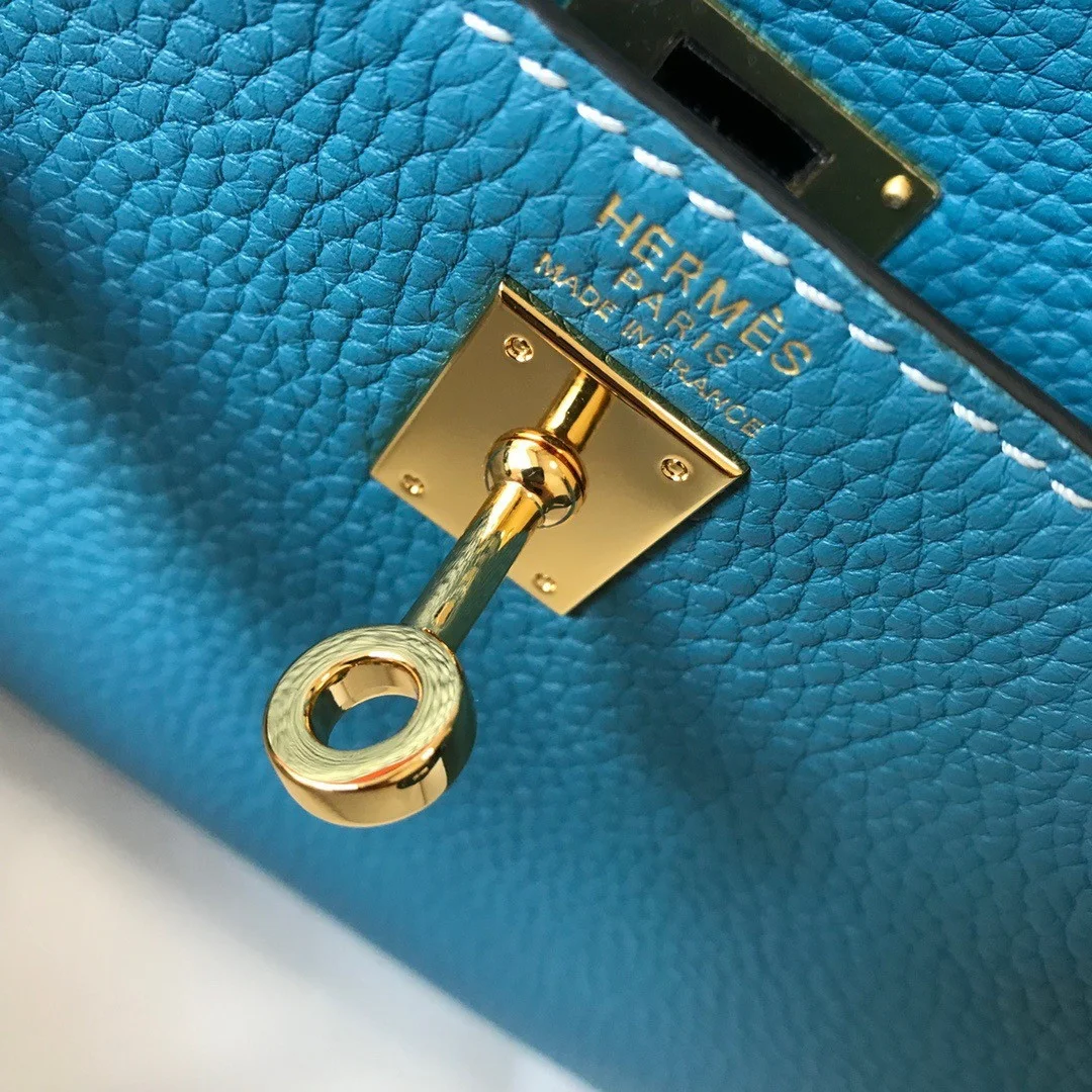 Hermes Kelly 20cm Bag In Blue Jean Clemence Leather GHW product view 9