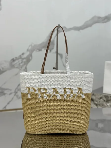 Prada Crochet Small Tote Bag in Beige/White Raffia-effect Yarn product view 3
