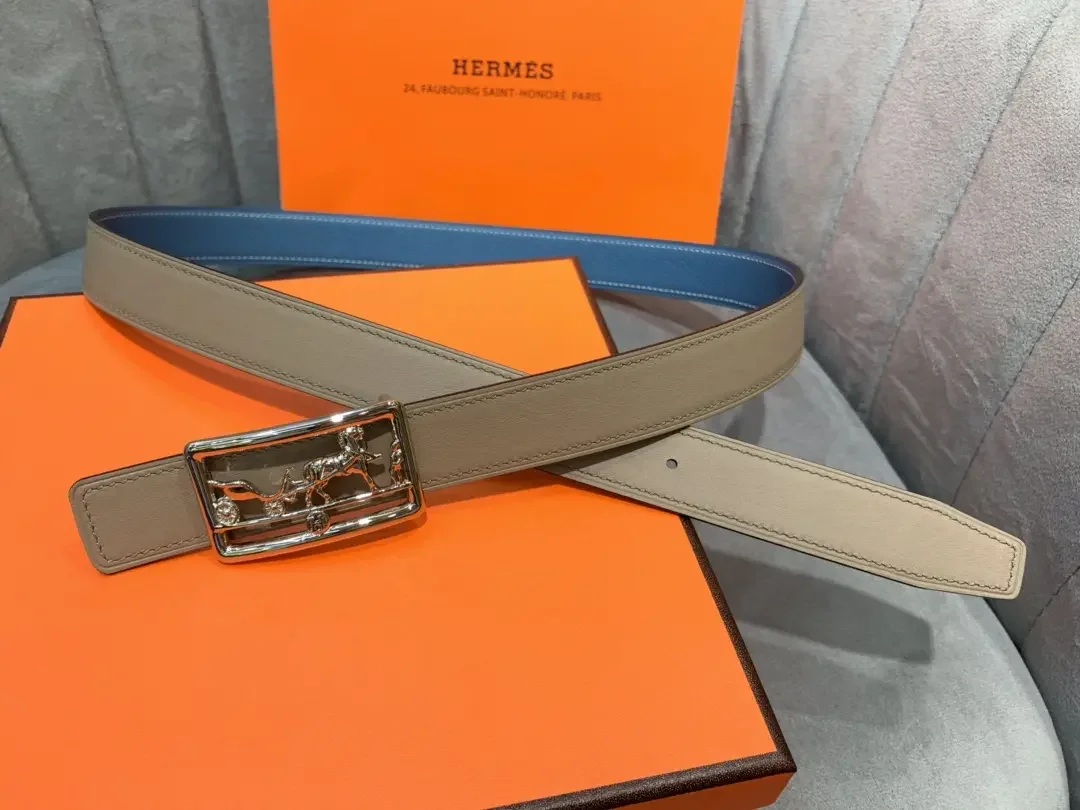 Hermès Blue/Taupe Reversible Belt with Silver-Tone Horse-and-Carriage Buckle product view 2