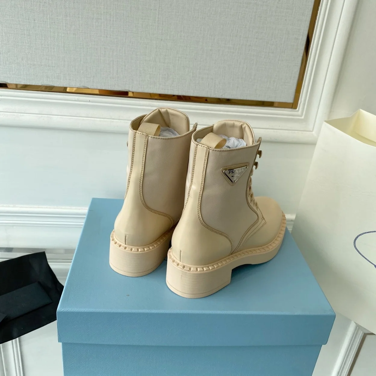 Prada Ankle Boots in Beige Brushed Leather and Re-Nylon product view 3