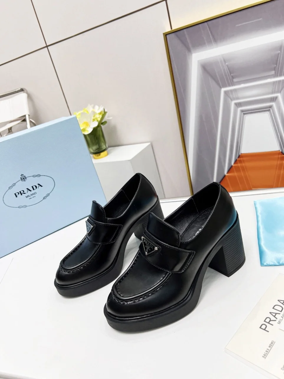 Prada Chocolate High-heeled Loafers In Black Brushed Leather product view 2