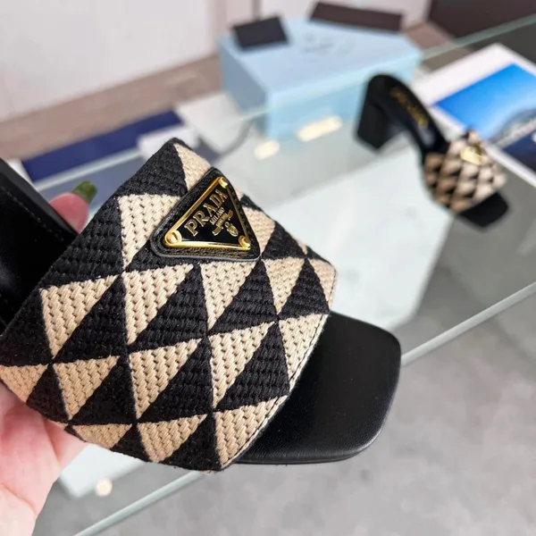 Prada Heeled Slide Sandals 65mm in Black and Beige Fabric product view 7