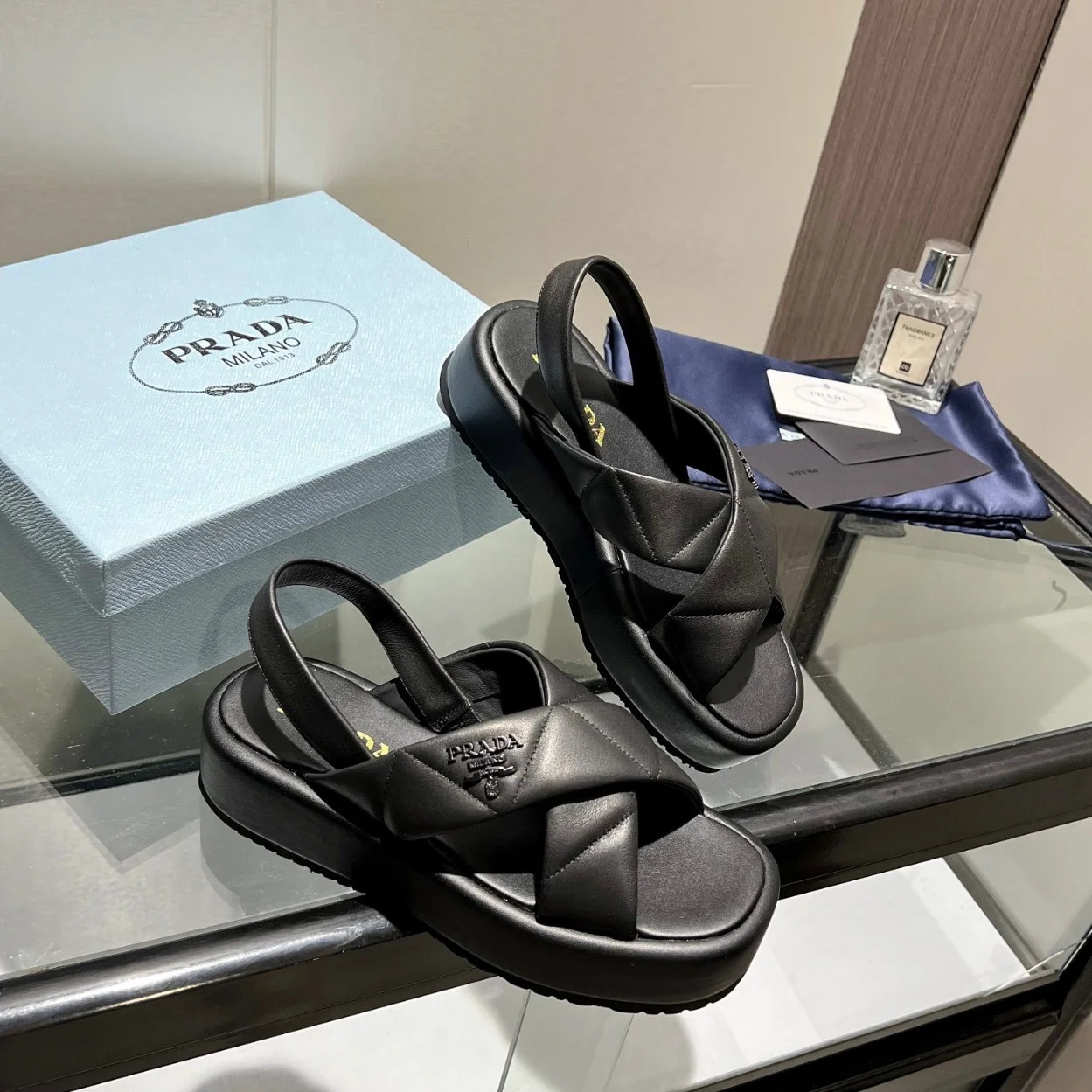 Prada Flatform Sandals In Black Quilted Nappa Leather product view 4