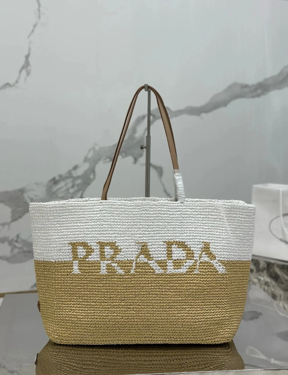 Prada Crochet Large Tote Bag in Beige/White Raffia-effect Yarn product view 4
