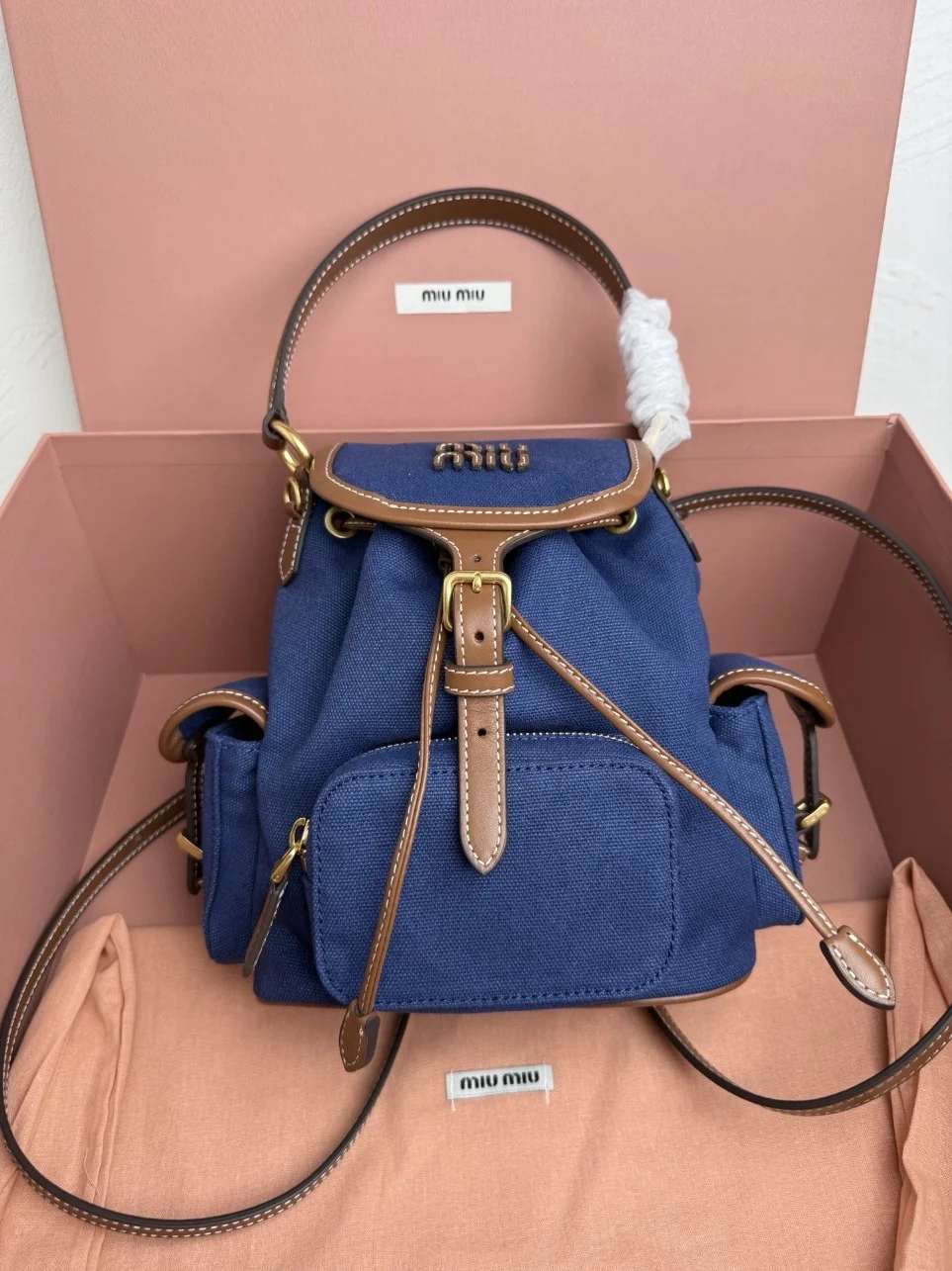 Miu Miu Small Backpack in Blue Canvas and Calfskin product view 8