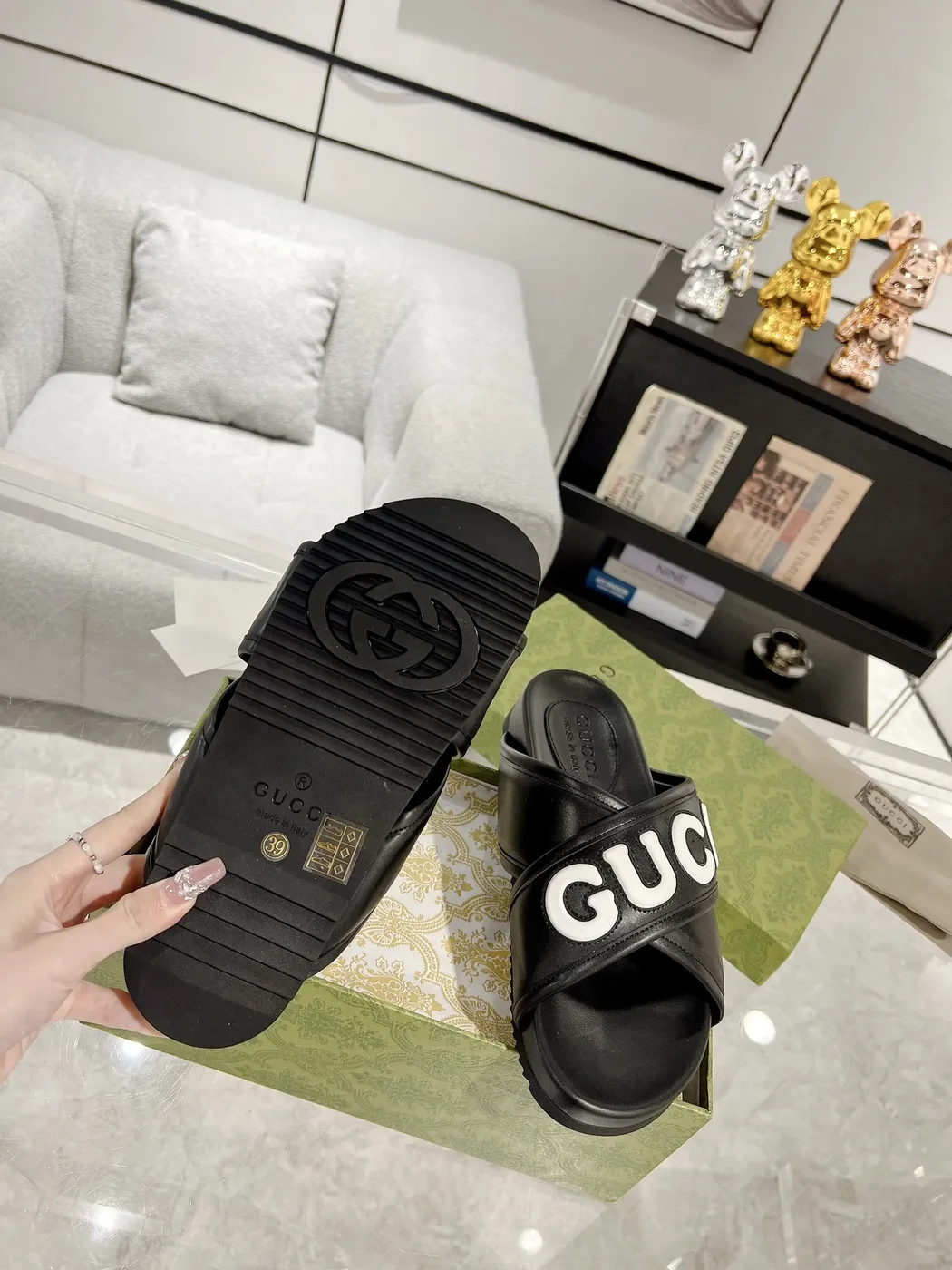 Gucci Cross-Strap Slide Sandals — Black with White Logo product view 8