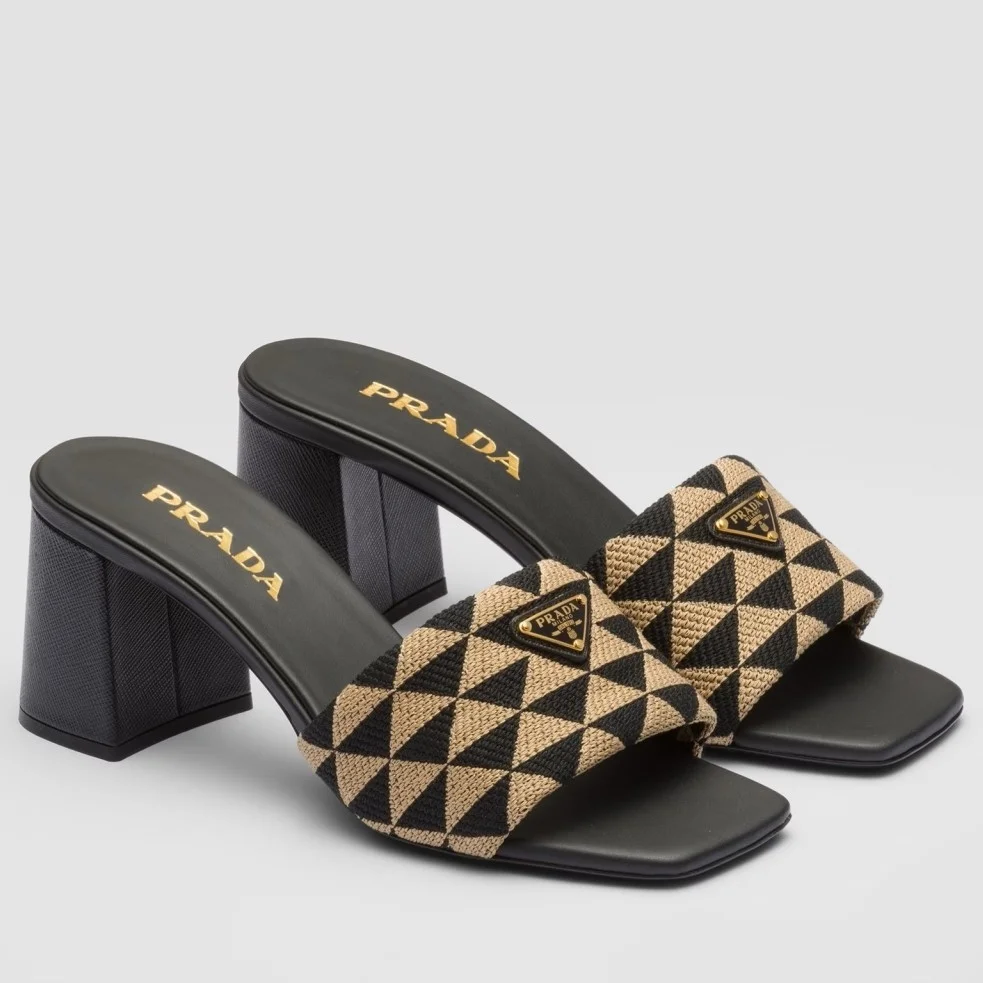 Prada Heeled Slide Sandals 65mm in Black and Beige Fabric product view 1