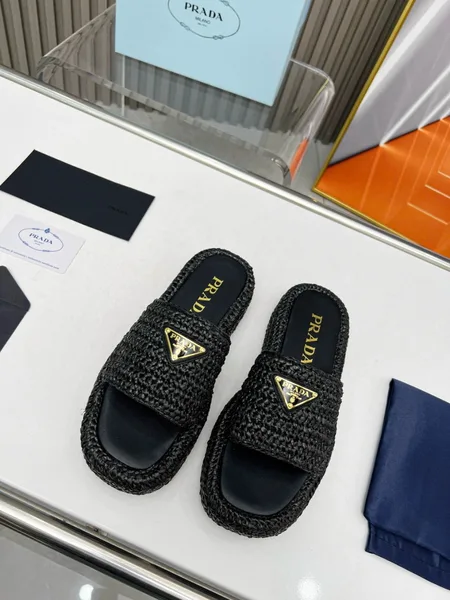 Prada Crochet Flatform Slides in Black Raffia-effect Yarn product view 5