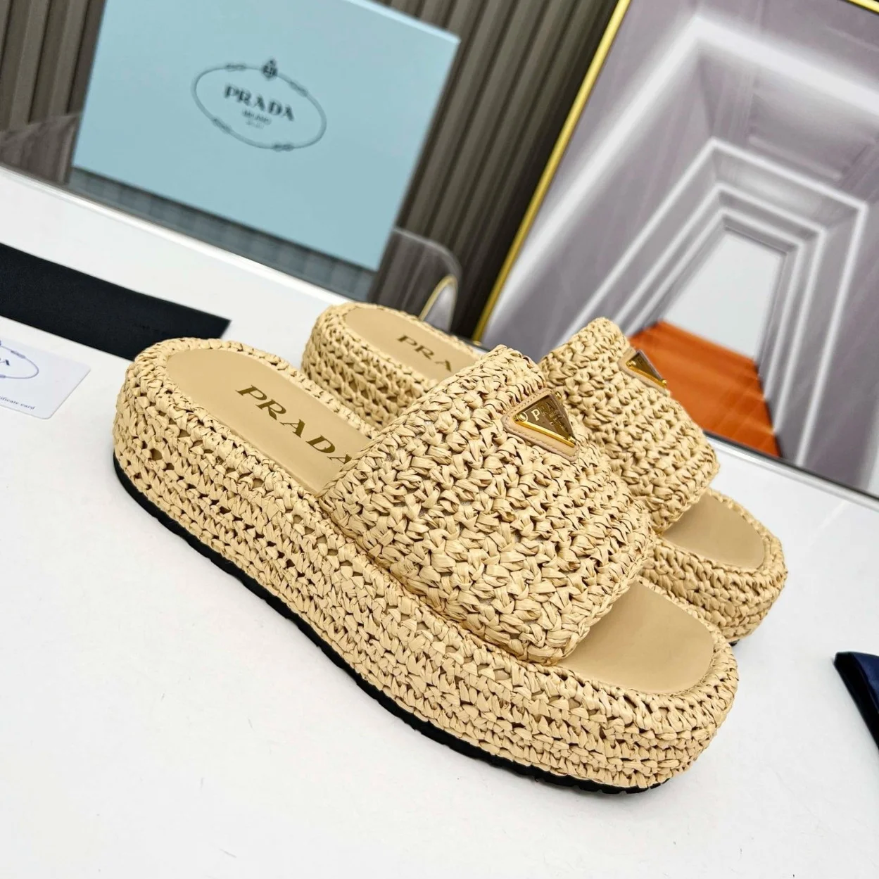 Prada Crochet Flatform Slides in Beige Raffia-effect Yarn product view 7
