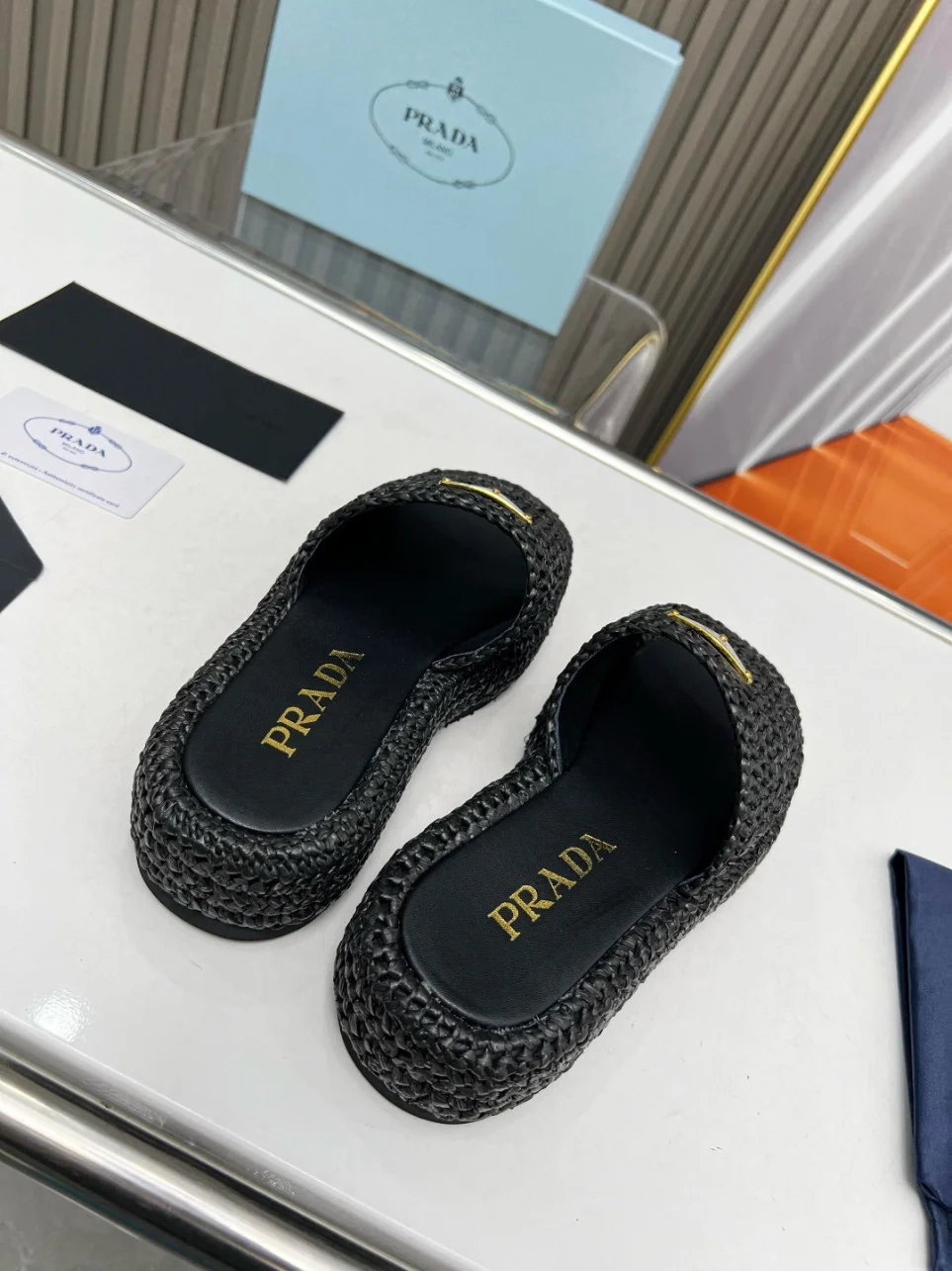 Prada Crochet Flatform Slides in Black Raffia-effect Yarn product view 7