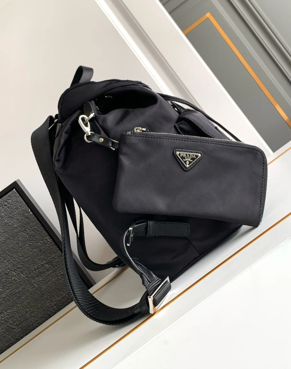 Prada Medium Backpack with Pouch in Black Re-Nylon product view 5