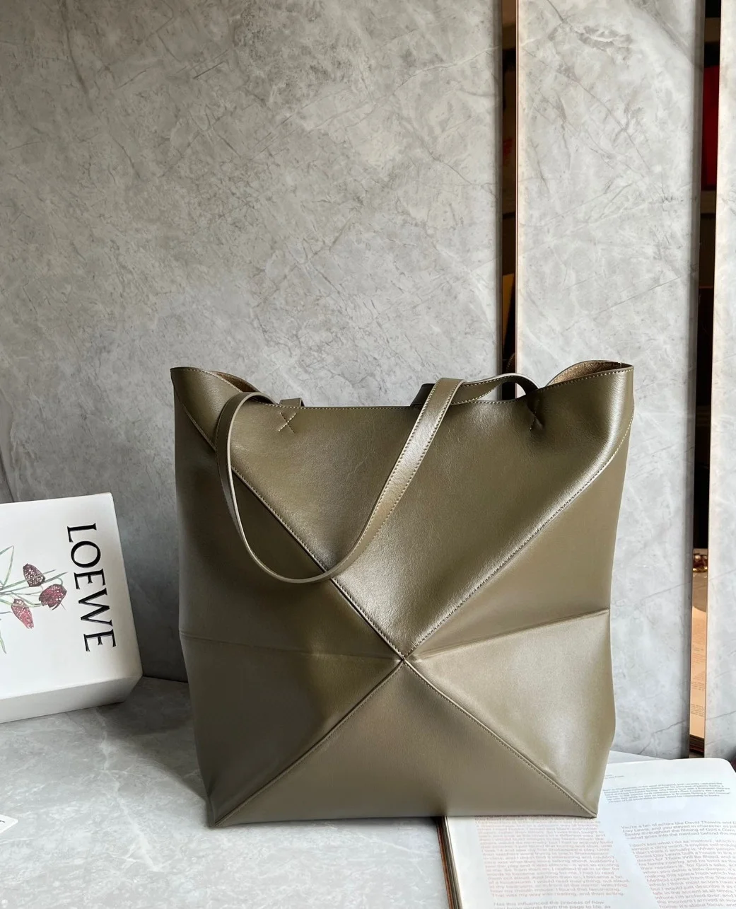 Loewe Large Puzzle Fold Tote Bag in Dark Green Calfskin product view 6