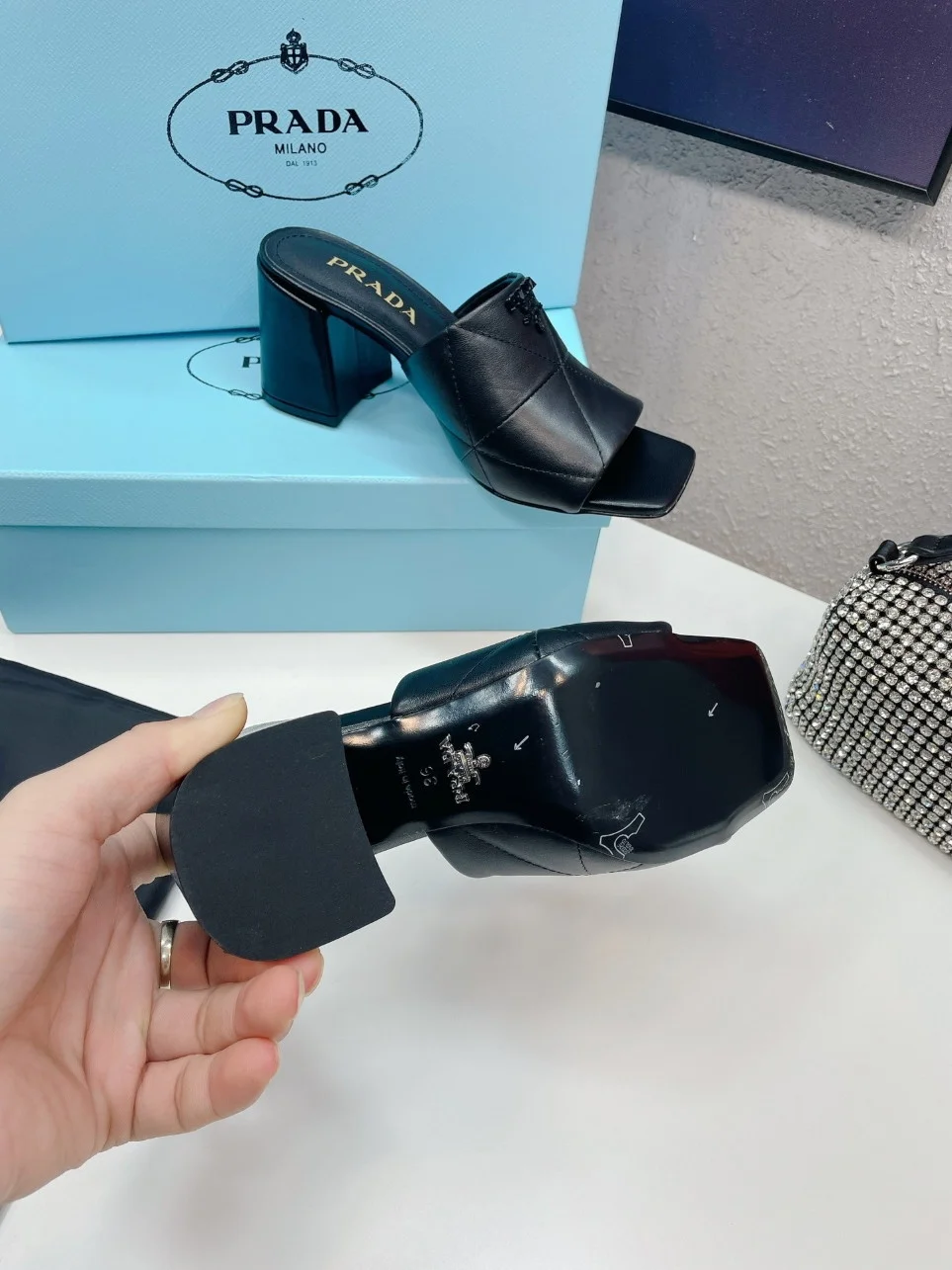 Prada Heeled Slide Sandals 65mm In Black Nappa Leather product view 2