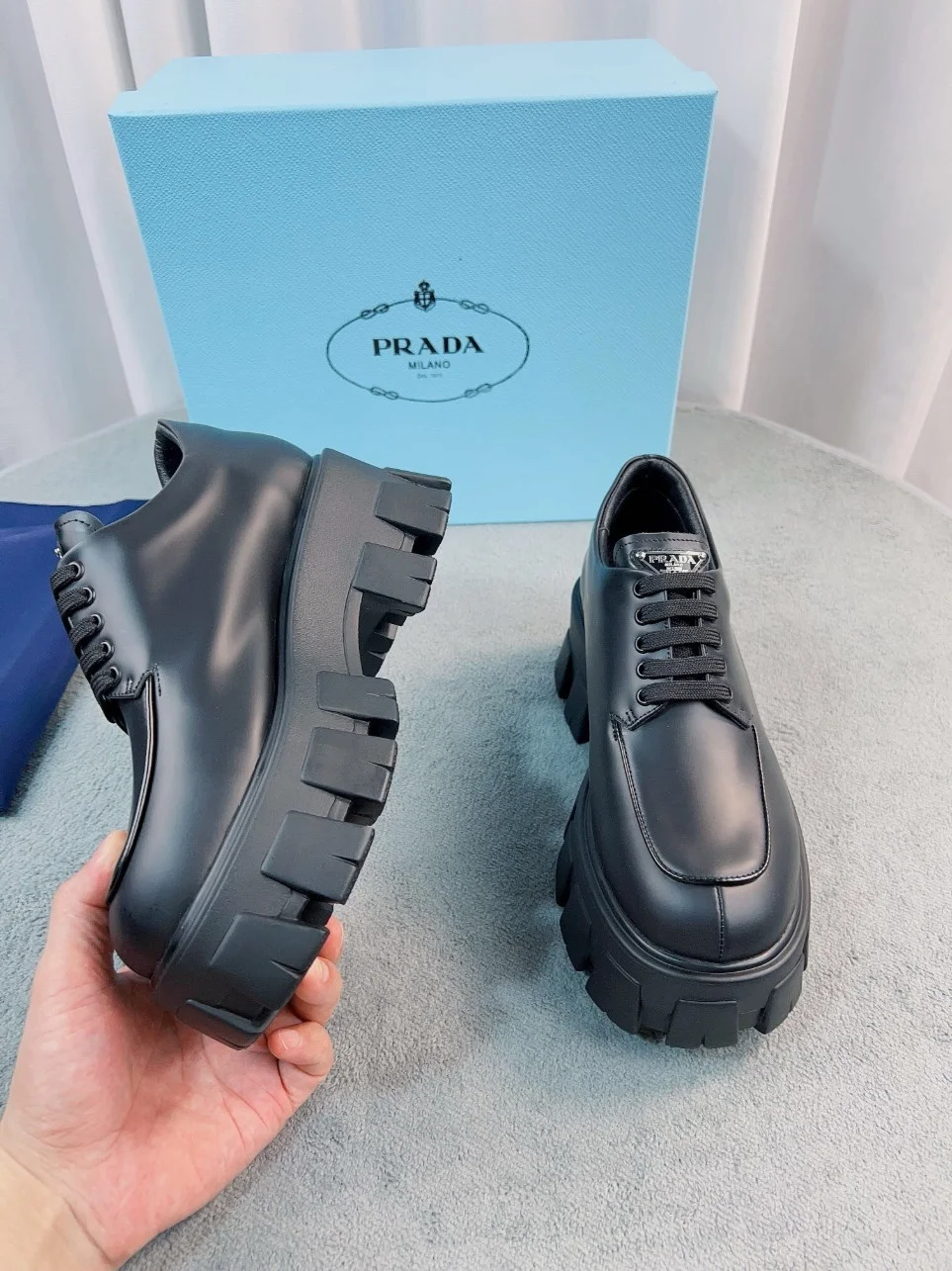 Prada Monolith Lace-up Shoes in Black Brushed Leather product view 4