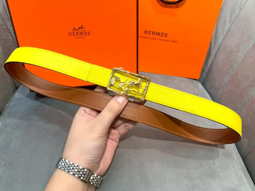 Hermès Yellow/Brown Reversible Belt with Gold-Tone Horse-and-Carriage Buckle product view 6