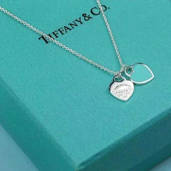 Tiffany & Co. Double Heart Tag Necklace Silver-Tone with Blue Inlay product photo