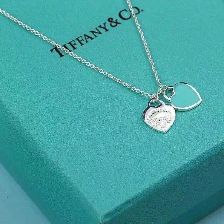 Tiffany & Co. Double Heart Tag Necklace Silver-Tone with Blue Inlay product view 1