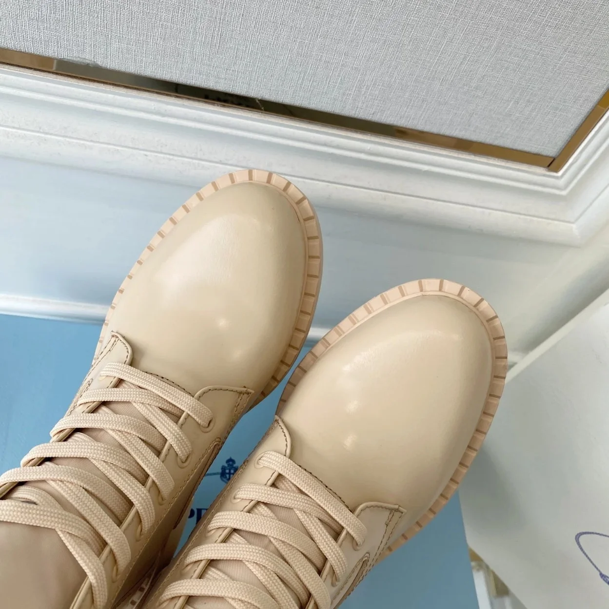 Prada Ankle Boots in Beige Brushed Leather and Re-Nylon product view 7