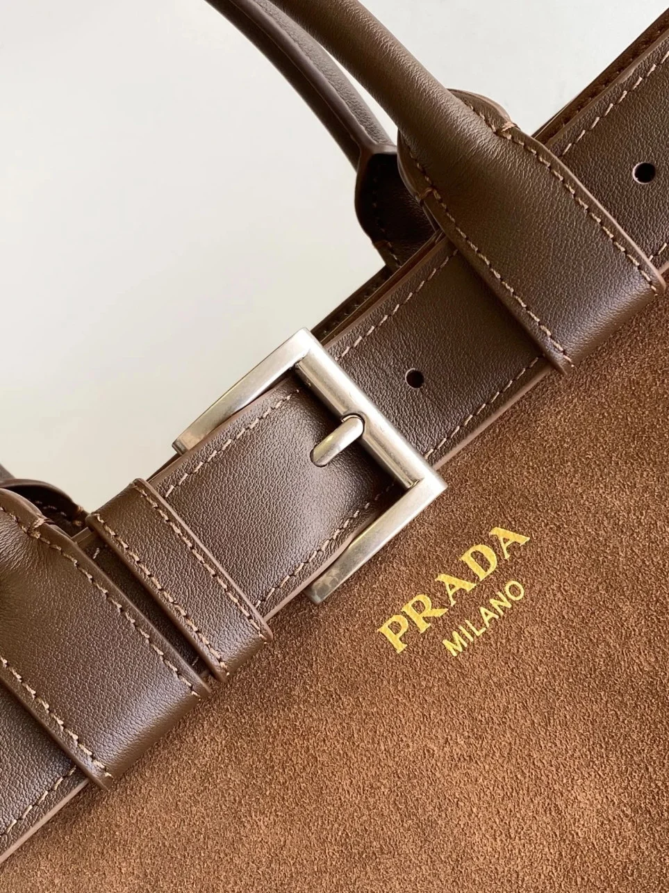 Prada Buckle Large Handbag with Belt in Cocoa Suede Calfskin product view 5