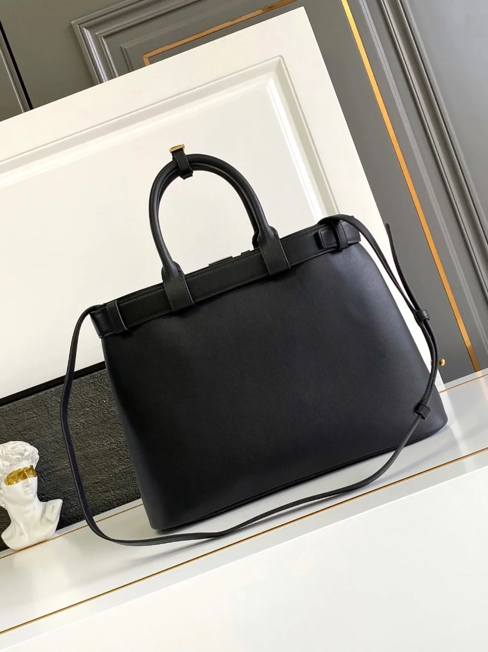 Prada Buckle Large Handbag with Belt in Black Calfskin product view 4