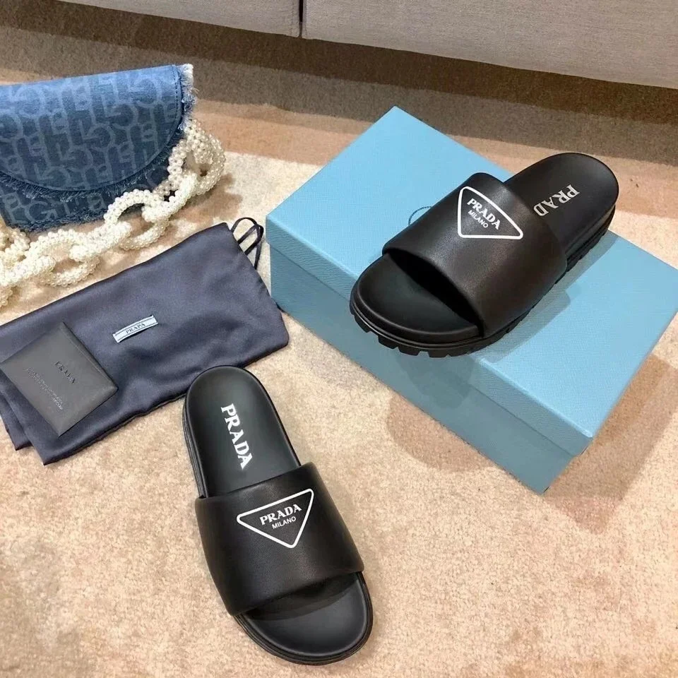 Prada Black Leather Slides with Printed Triangle Logo product view 6