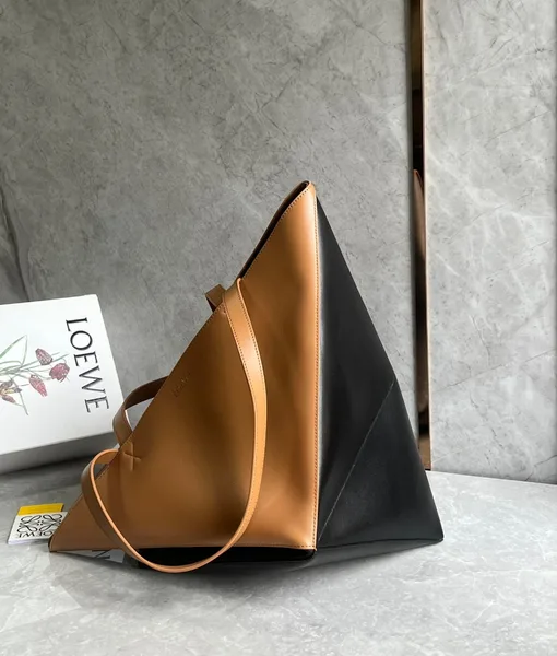 Loewe Large Puzzle Fold Tote Bag in Tan and Black Calfskin product view 6