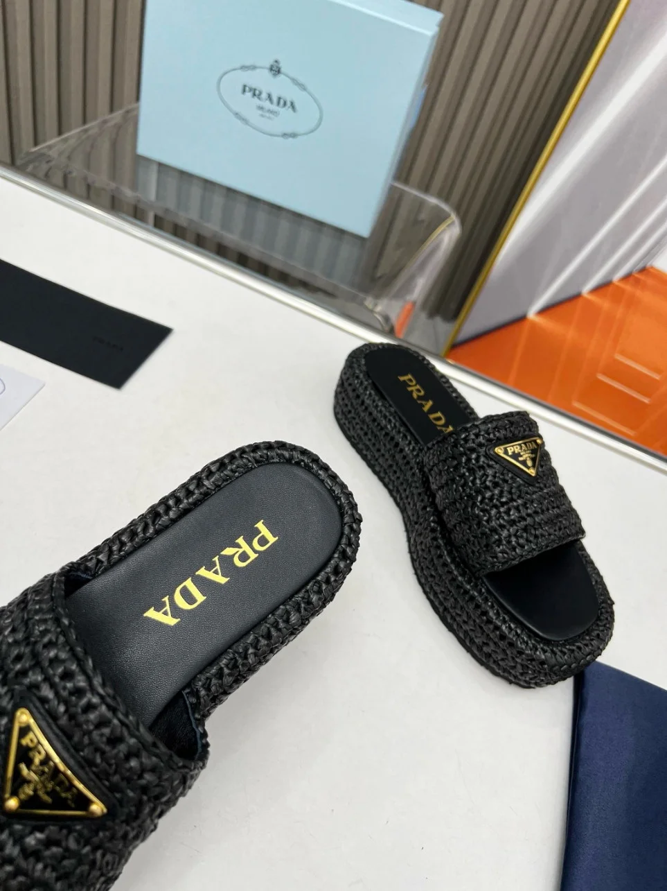 Prada Crochet Flatform Slides in Black Raffia-effect Yarn product view 9