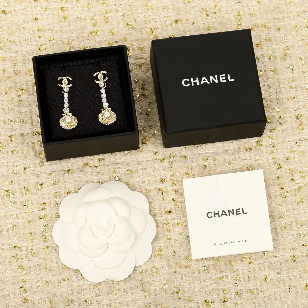 Chanel Rhinestone Shell Drop Earrings Gold-Tone product view 2
