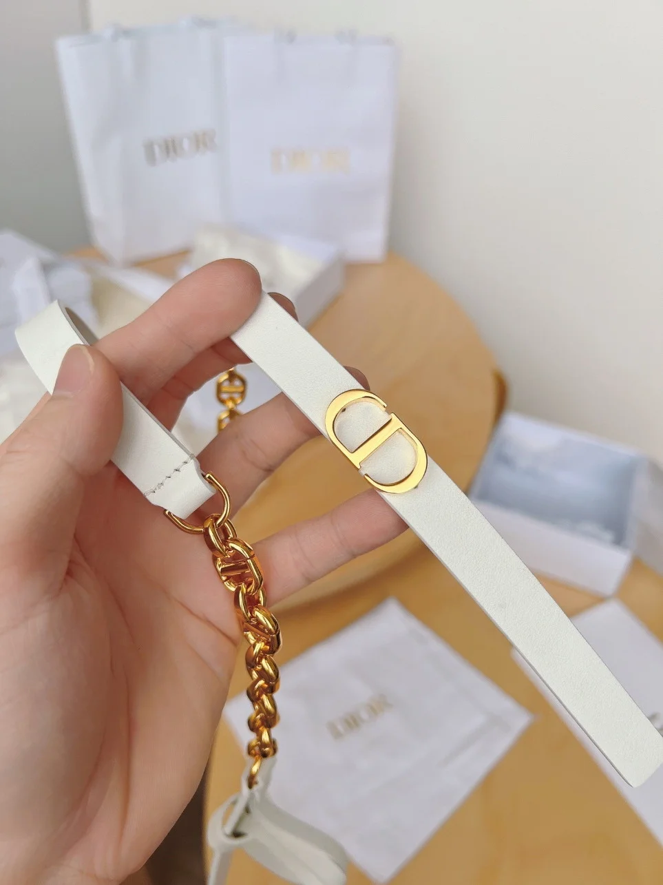 Dior Caro 15MM Belt in White Calfskin and Chain product view 9