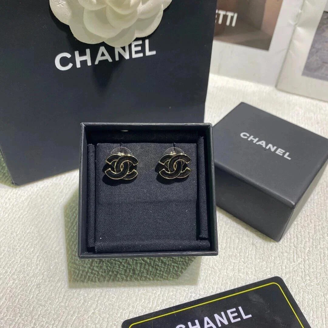Chanel Enamel CC Stud Earrings Black and Gold-Tone product view 1