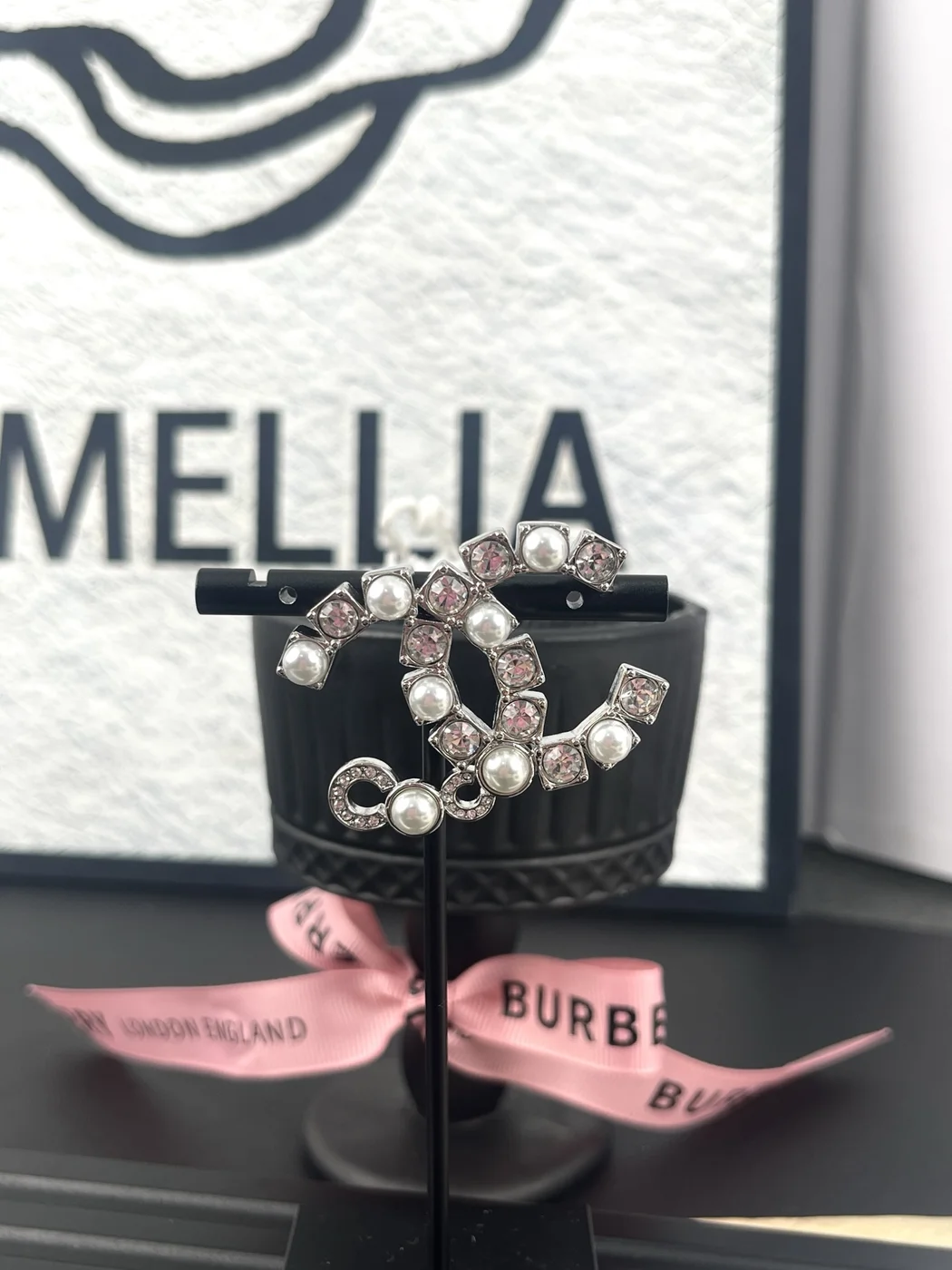 Chanel Rhinestone Pearl-Effect CC Brooch Silver-Tone product view 2