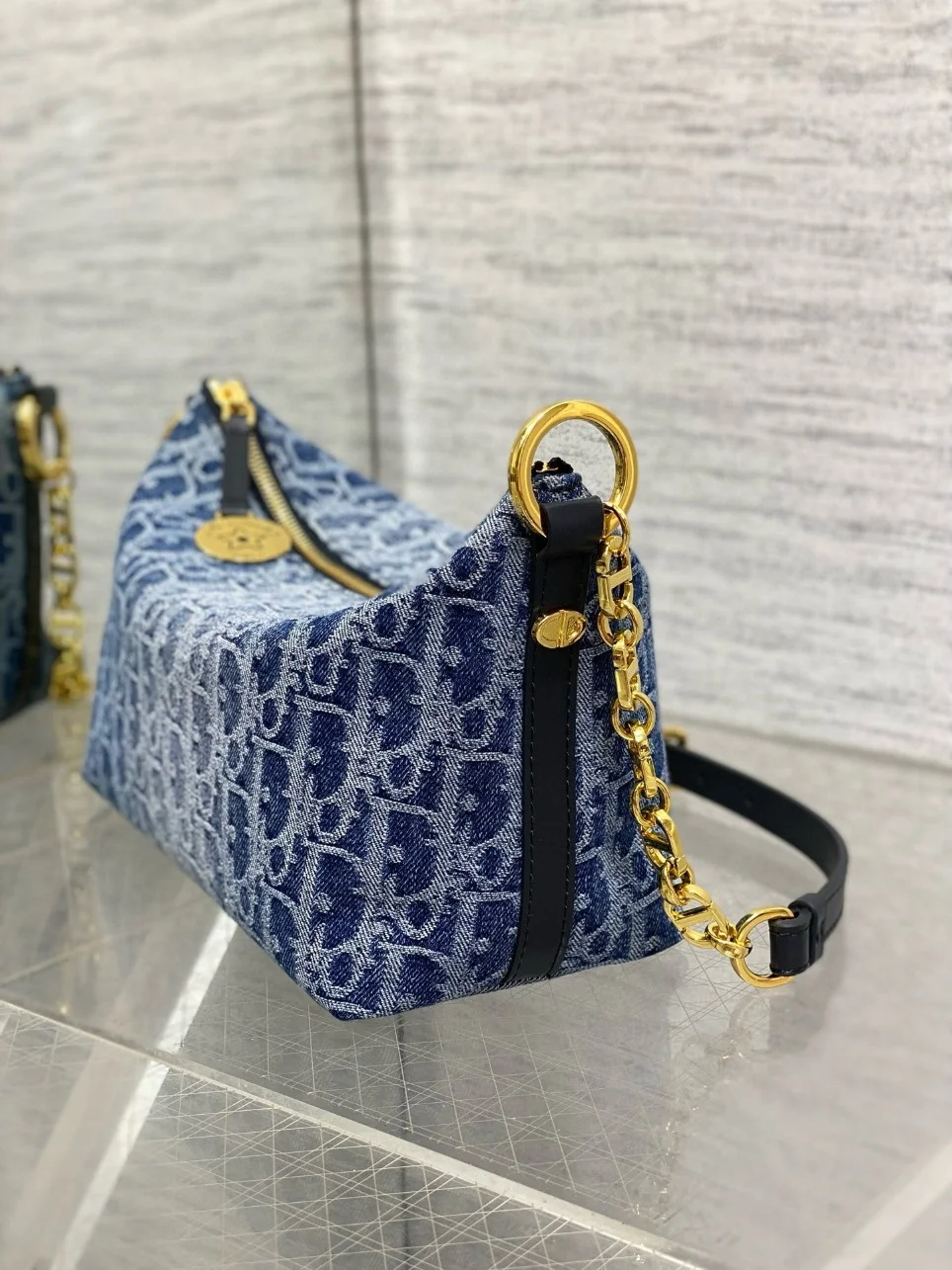 Dior Diorstar Hobo Bag with Chain in Blue Denim Oblique Jacquard product view 5