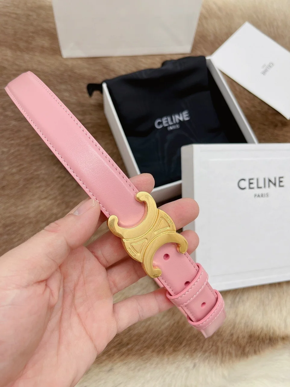 Celine Medium Triomphe Belt 25MM in Pink Calfskin product view 8