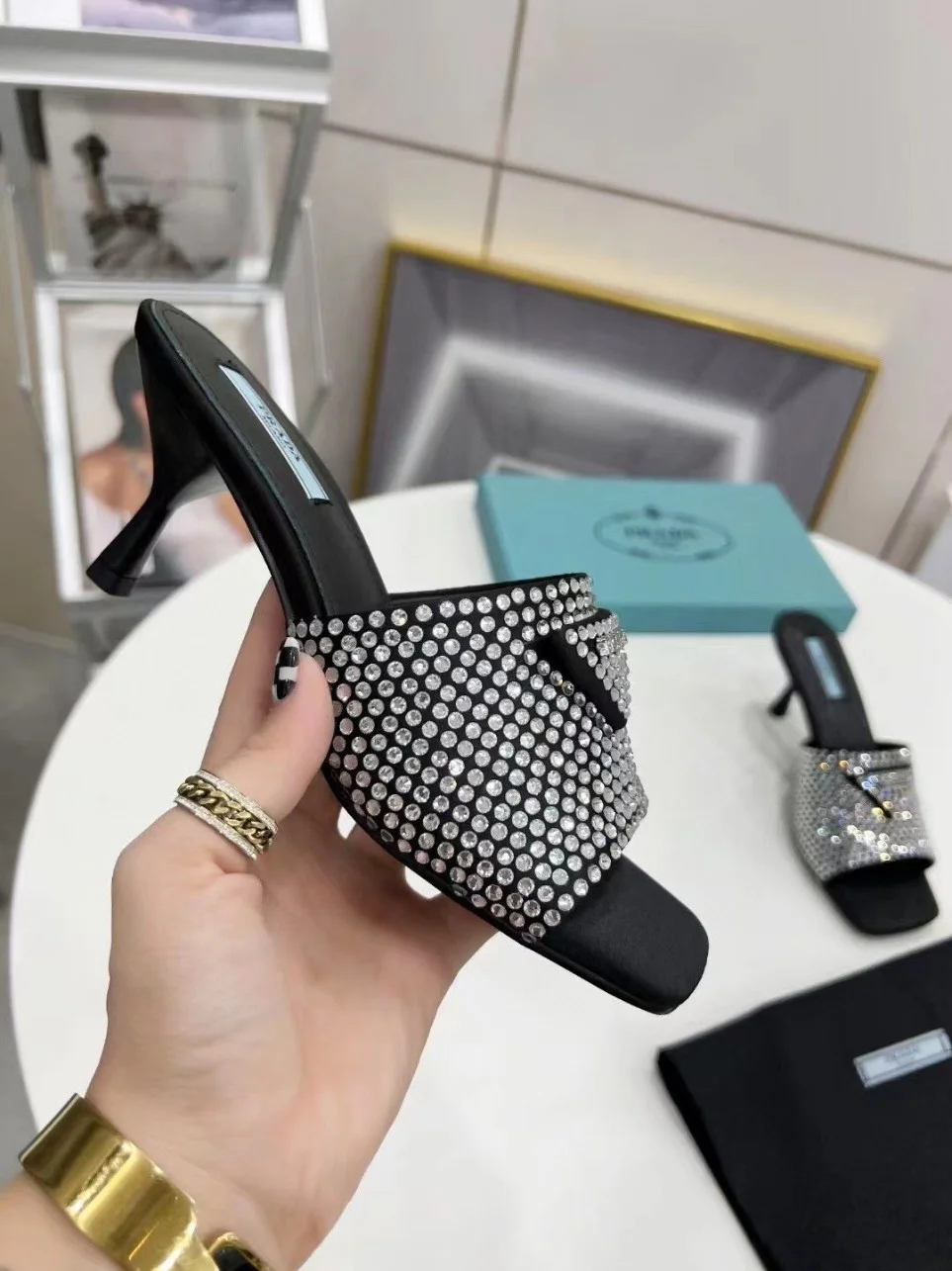 Prada Black Satin Heeled Sandals with White Crystals product view 7