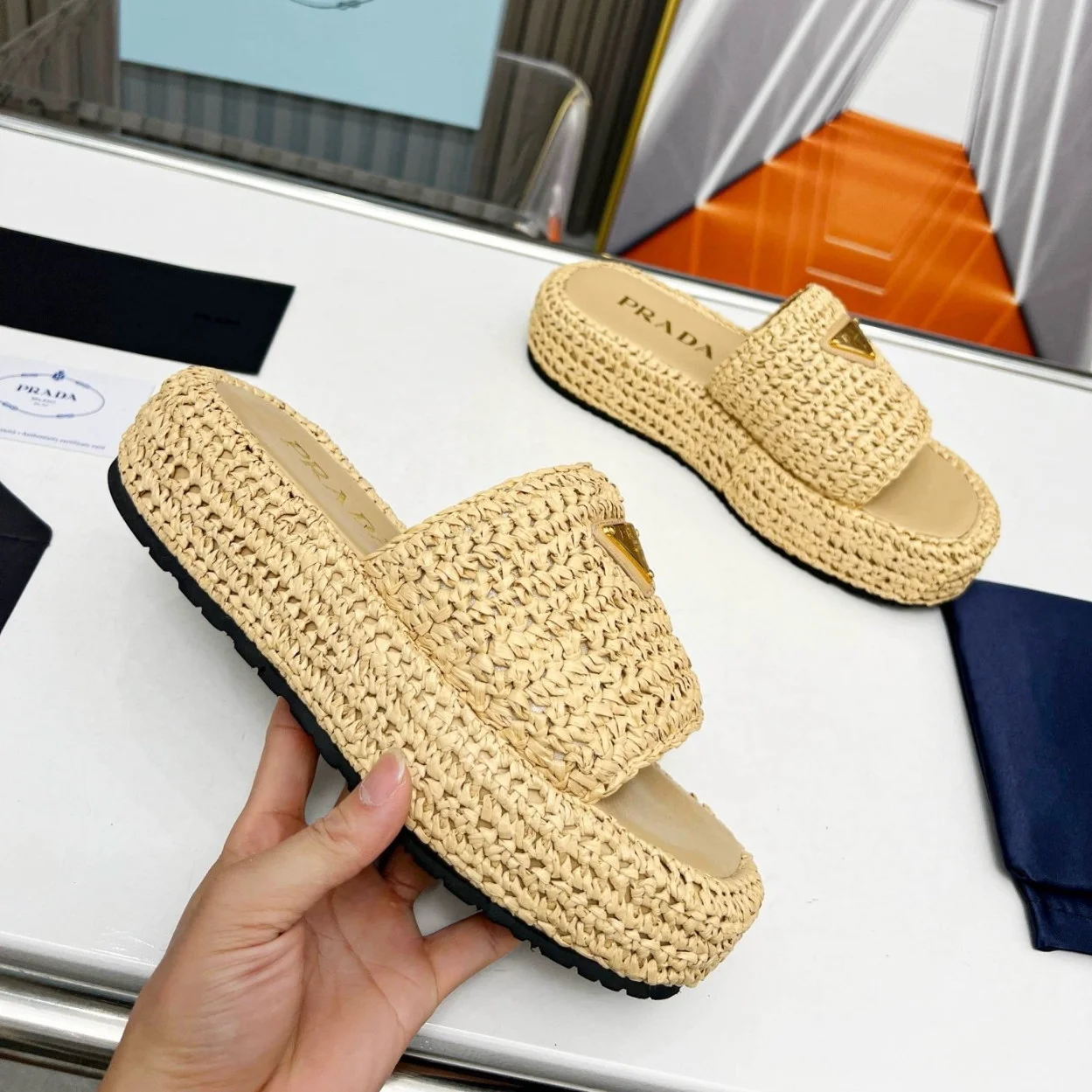 Prada Crochet Flatform Slides in Beige Raffia-effect Yarn product view 8