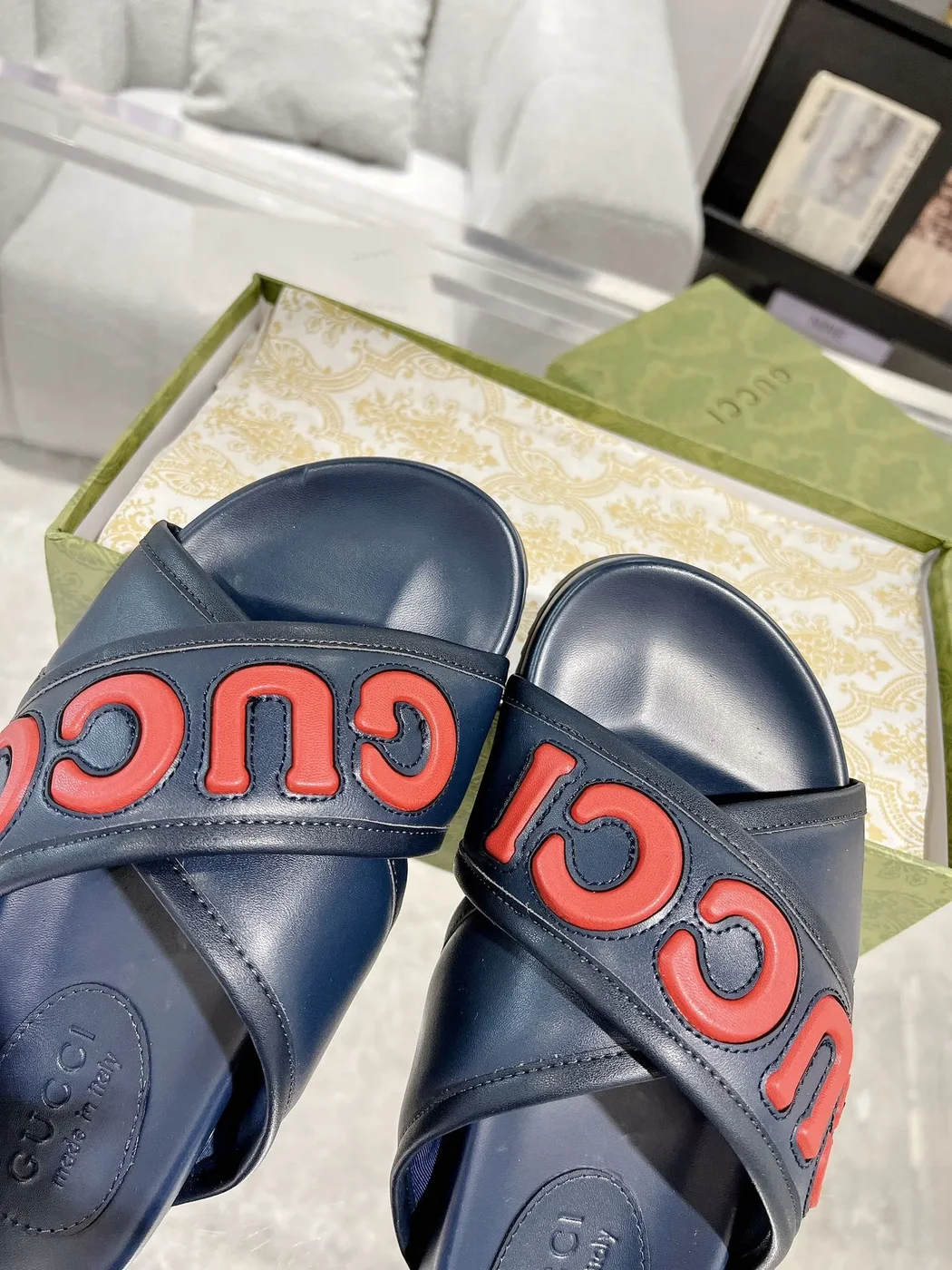 Gucci Cross-Strap Slide Sandals — Navy Blue with Red Logo product view 6
