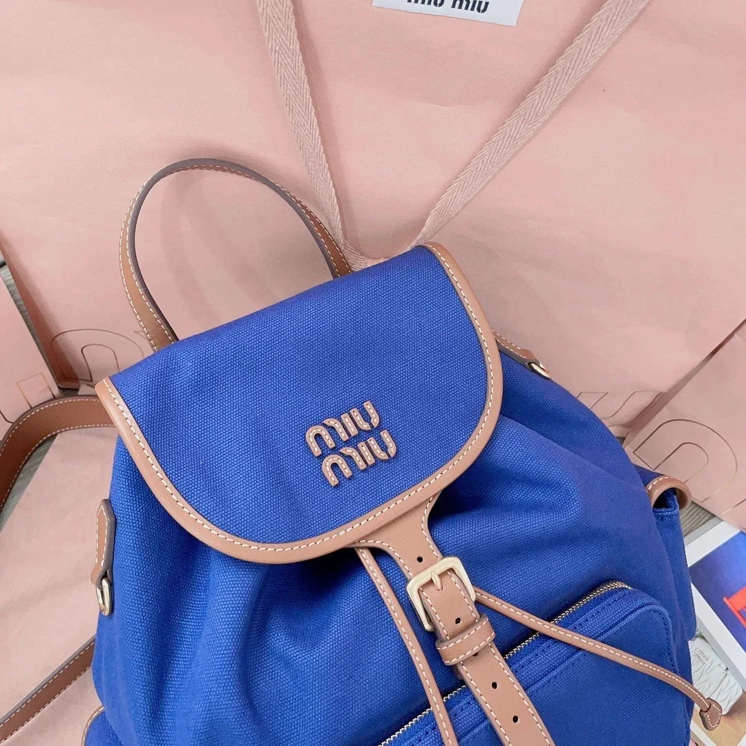 Miu Miu Large Backpack in Blue Canvas and Calfskin product view 7