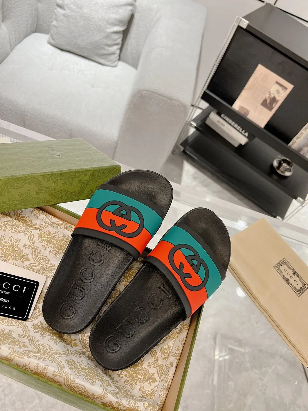 Gucci Slide Sandals Black Green Red product view 4