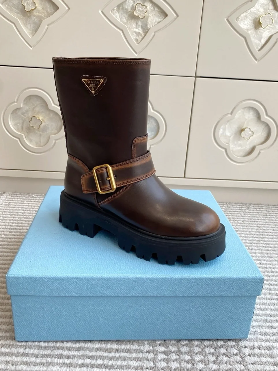 Prada Biker Boots in Dark Brown Calfskin product view 9