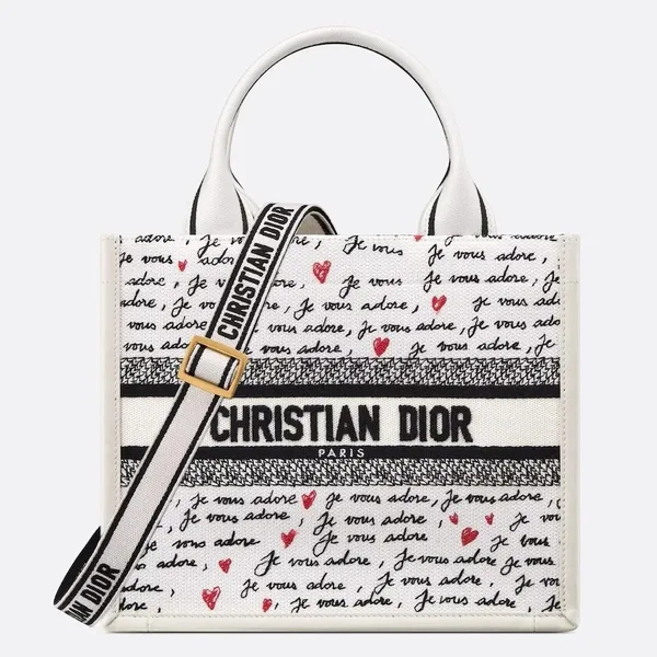 Dior Dioramour Small Book Tote Bag with Strap in Je Vous Adore Embroidery and White Calfskin product photo