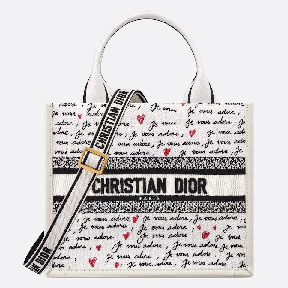 Dior Dioramour Small Book Tote Bag with Strap in Je Vous Adore Embroidery and White Calfskin product view 1