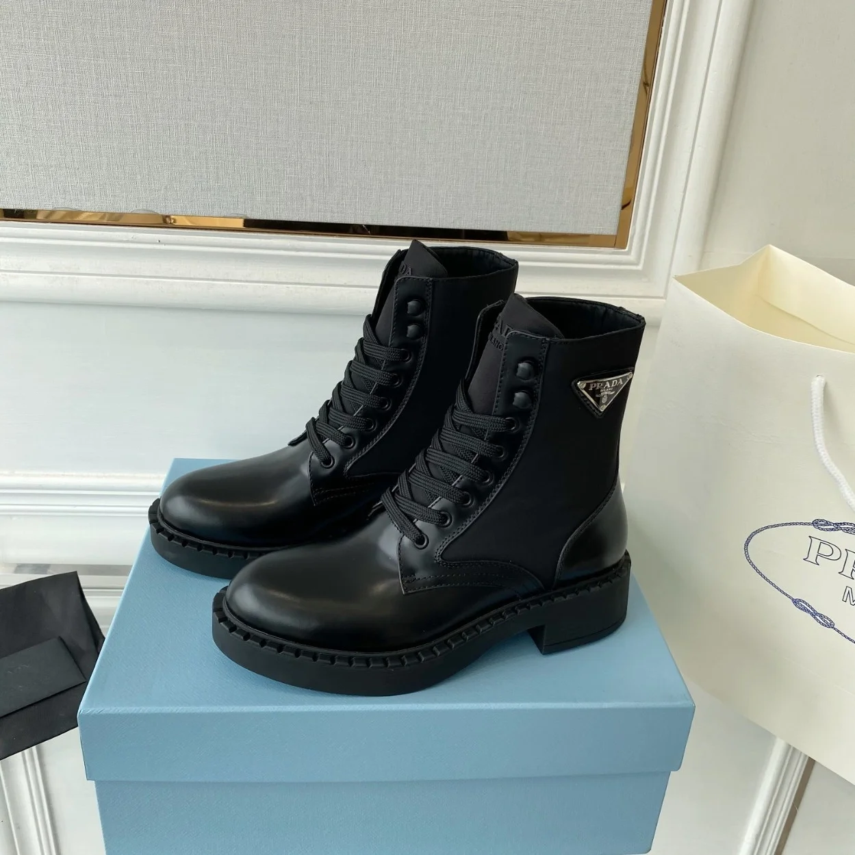 Prada Ankle Boots in Black Brushed Leather and Re-Nylon product view 6