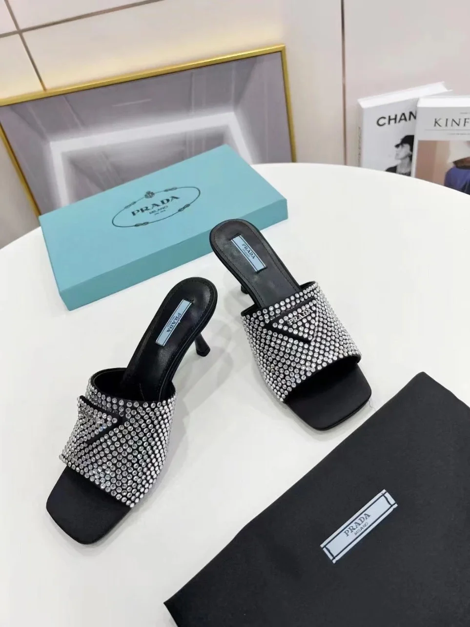 Prada Black Satin Heeled Sandals with White Crystals product view 6