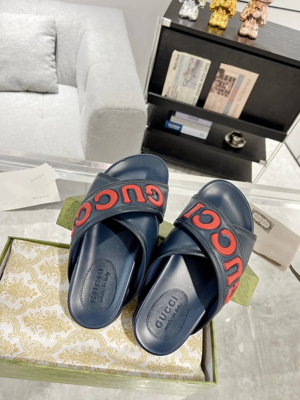 Gucci Cross-Strap Slide Sandals — Navy Blue with Red Logo product view 4