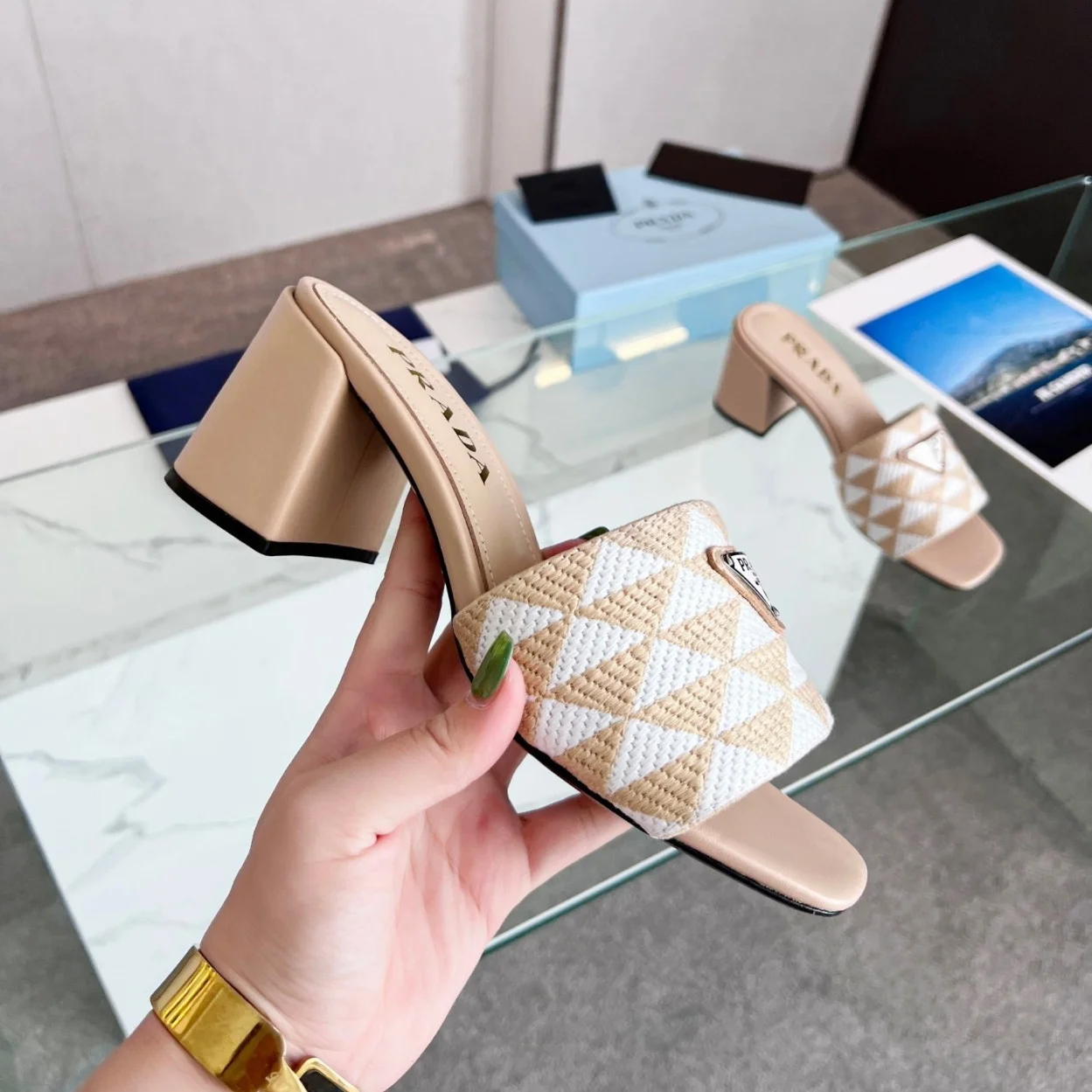 Prada Heeled Slide Sandals 65mm in Beige and White Fabric product view 5