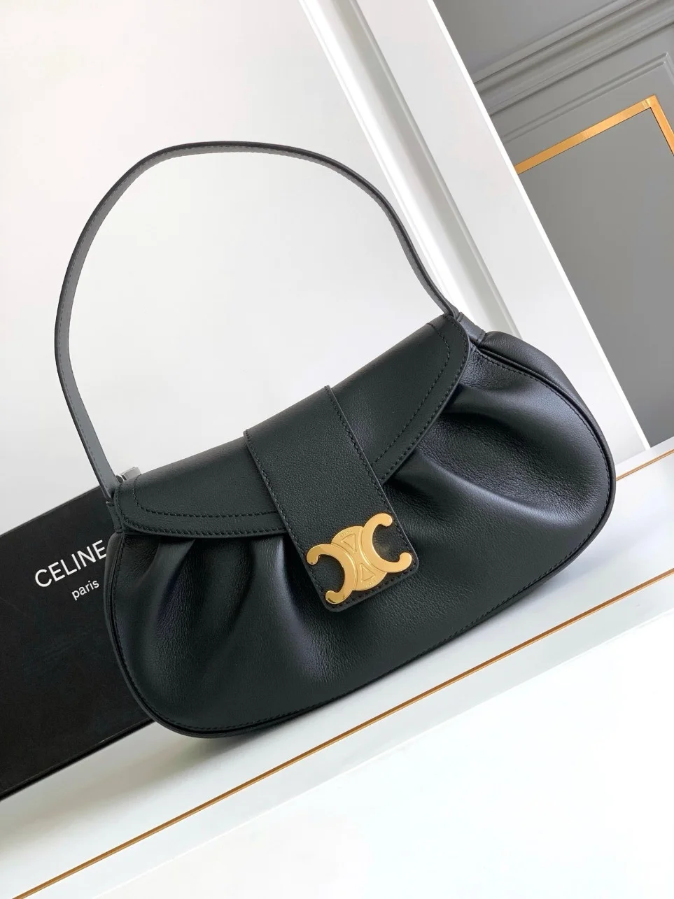 Celine Medium Polly Shoulder Bag in Black Calfskin product view 8