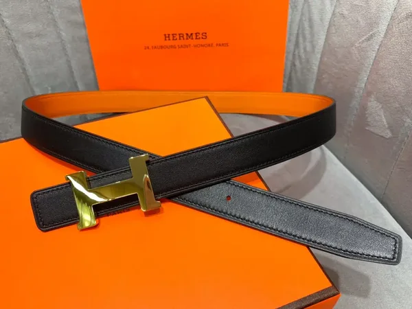 Hermès Orange/Black Reversible Belt with Gold-Tone Wide H Buckle product photo